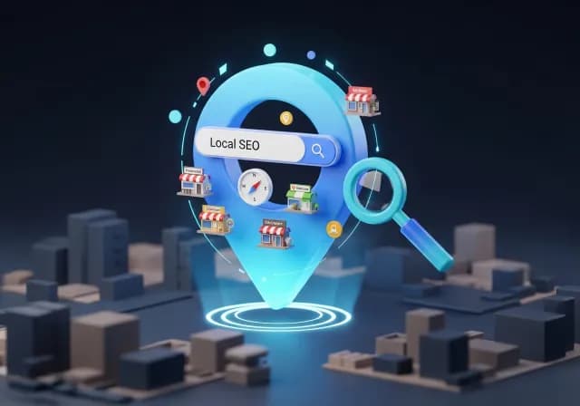 Illustration SEO Local - Pin de localisation et commerces